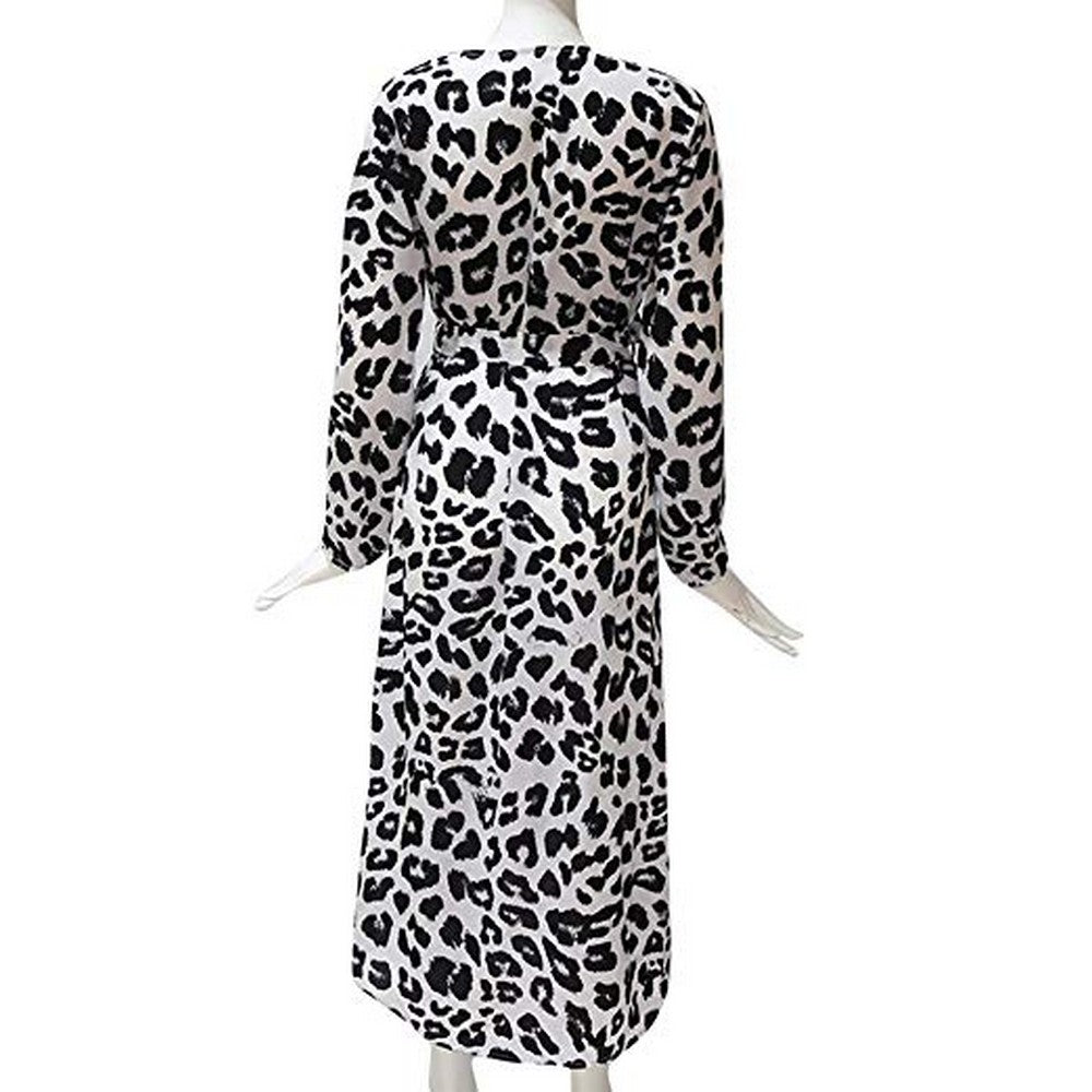 Womens V Neck Leopard Print Dress White