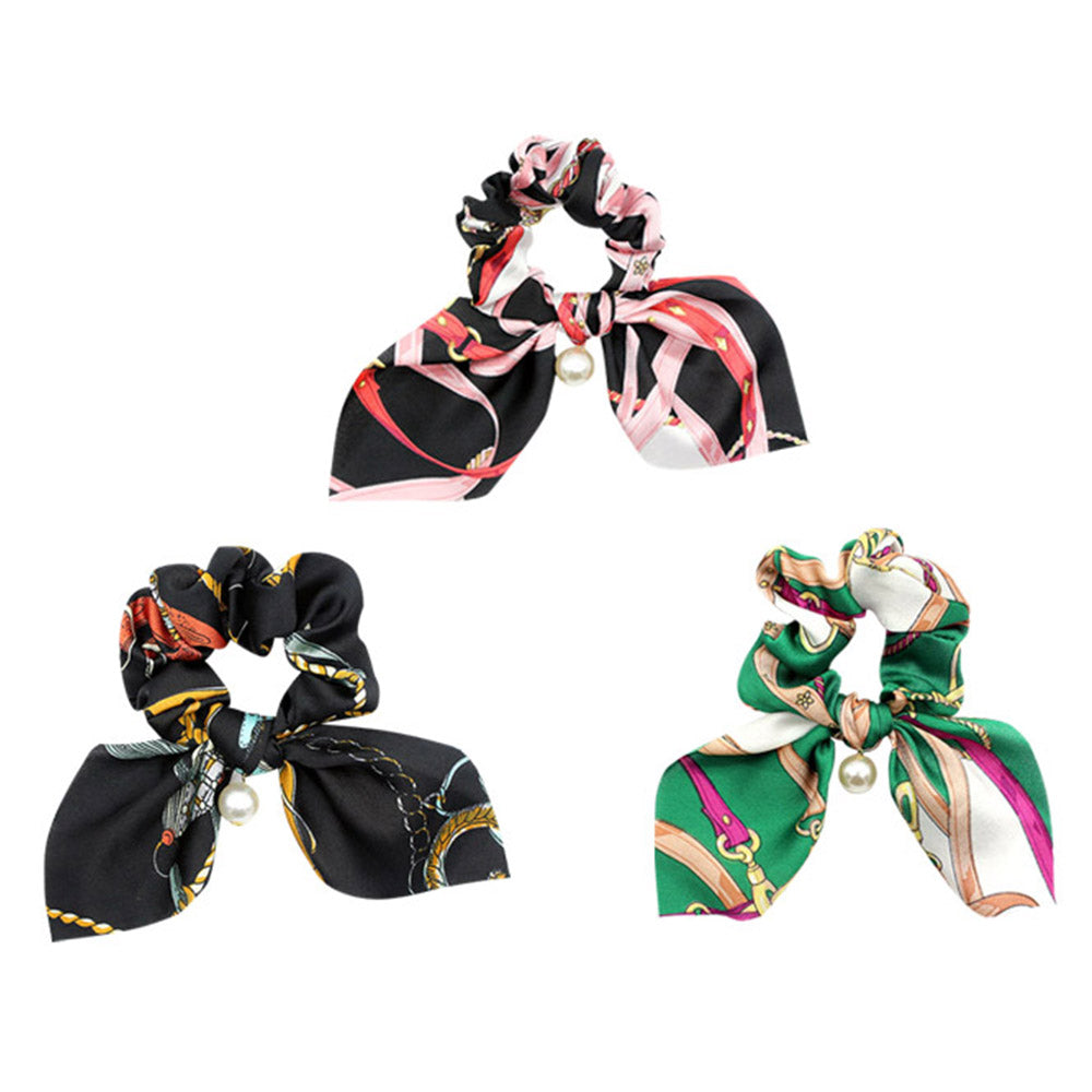 3pcs Hair Care Floral Bowknot Hair Scrunchy-Green Pink and Black