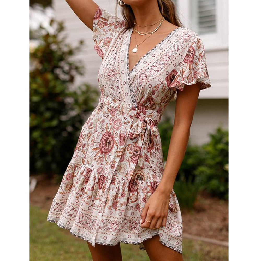 Women Boho Printed Dress Short Sleeve Wrap Floral Mini Dress Beige