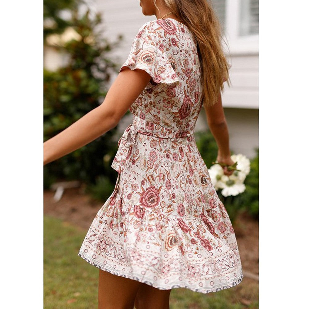 Women Boho Printed Dress Short Sleeve Wrap Floral Mini Dress Beige