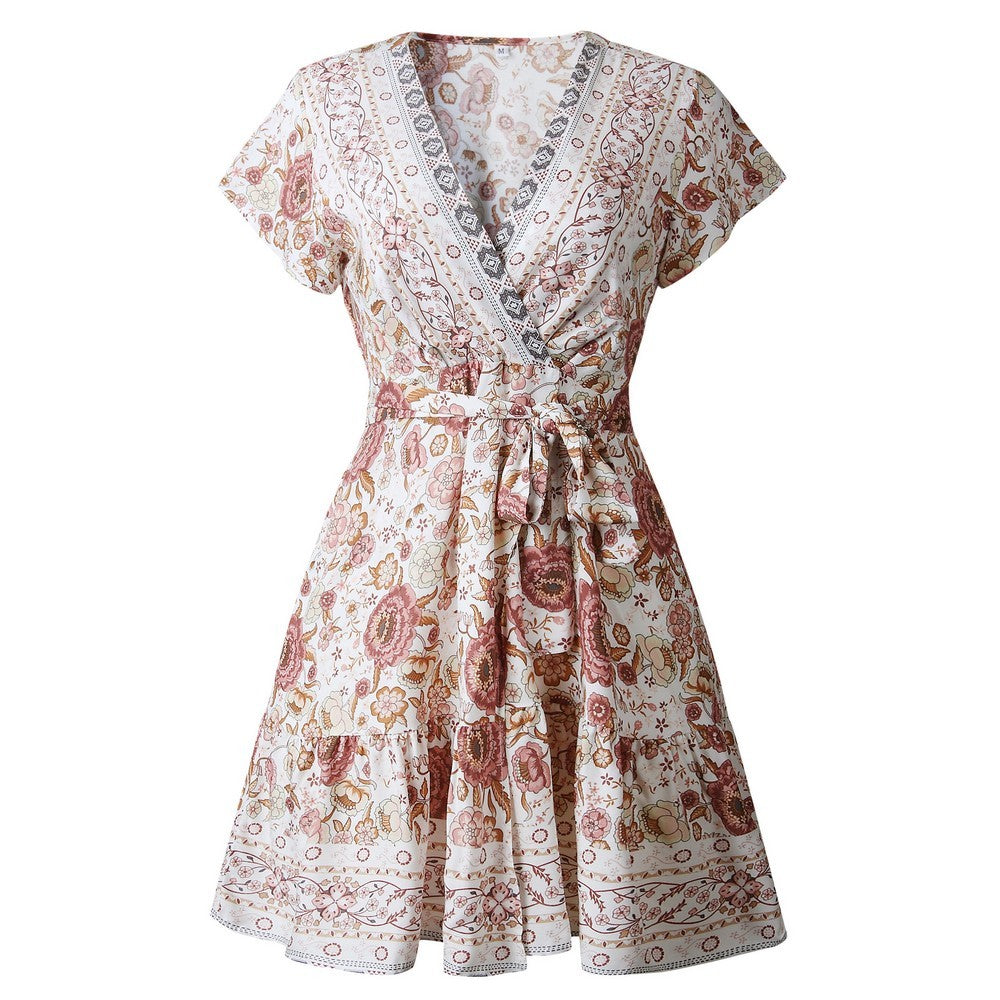 Women Boho Printed Dress Short Sleeve Wrap Floral Mini Dress Beige
