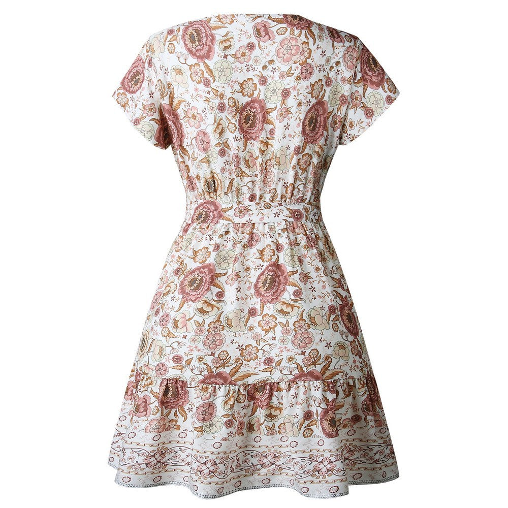 Women Boho Printed Dress Short Sleeve Wrap Floral Mini Dress Beige