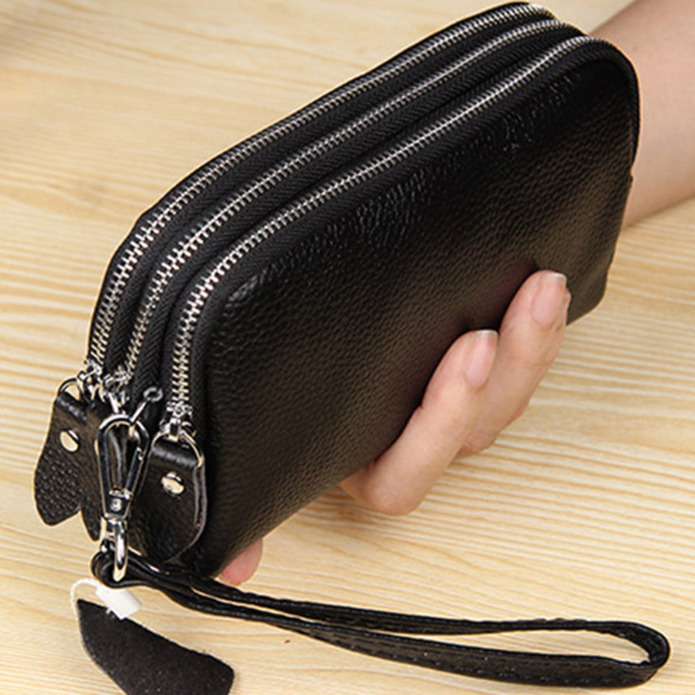 Black 3 Compartments Women's Genuine Leather Wallet Clutch Purse