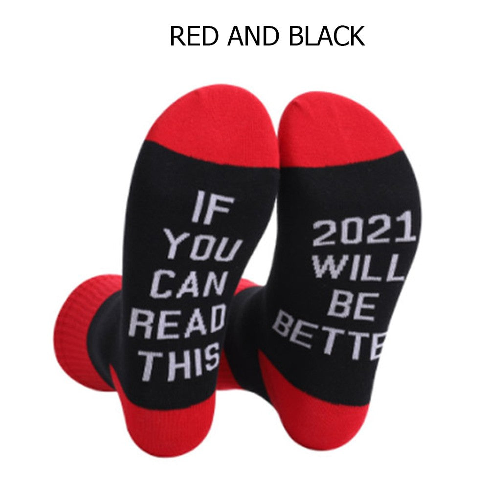 4 Pairs of Unisex GOOD LUCK ON THE WAY 2021 Letter Printed Socks Black and Red White and Grey