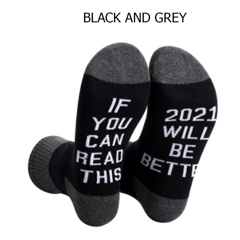 4 Pairs of Unisex GOOD LUCK ON THE WAY 2021 Letter Printed Socks Black and Grey White and Grey