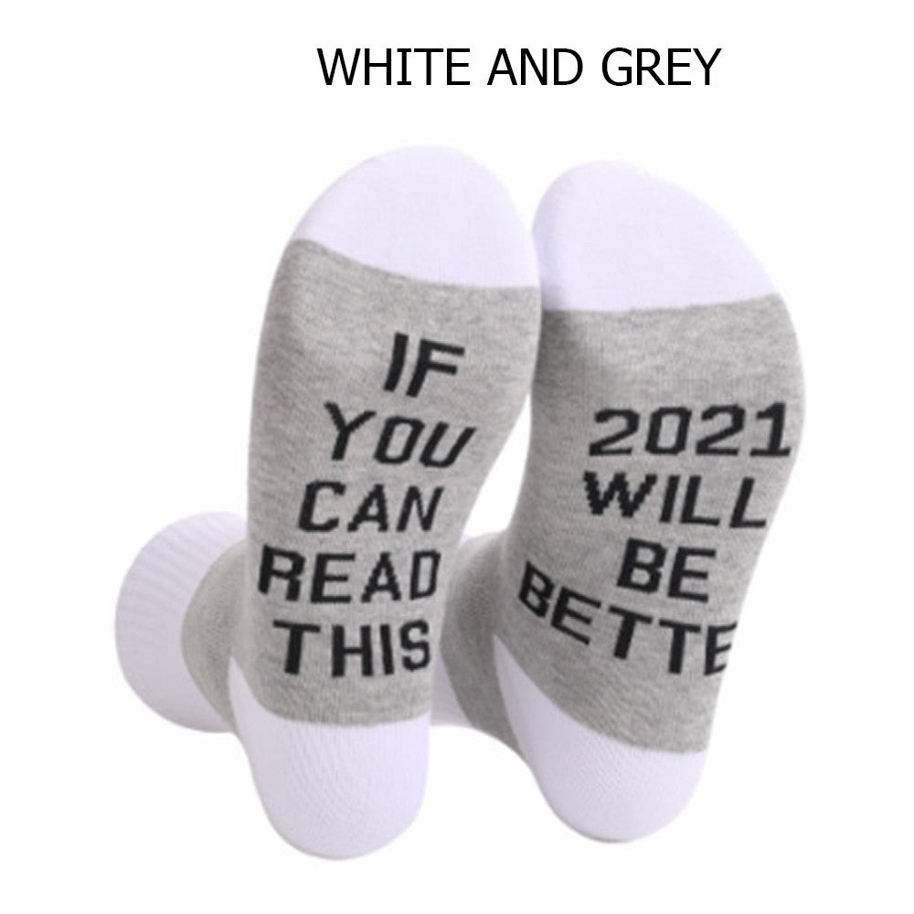 4 Pairs of Unisex GOOD LUCK ON THE WAY 2021 Letter Printed Socks Black and Red White and Grey