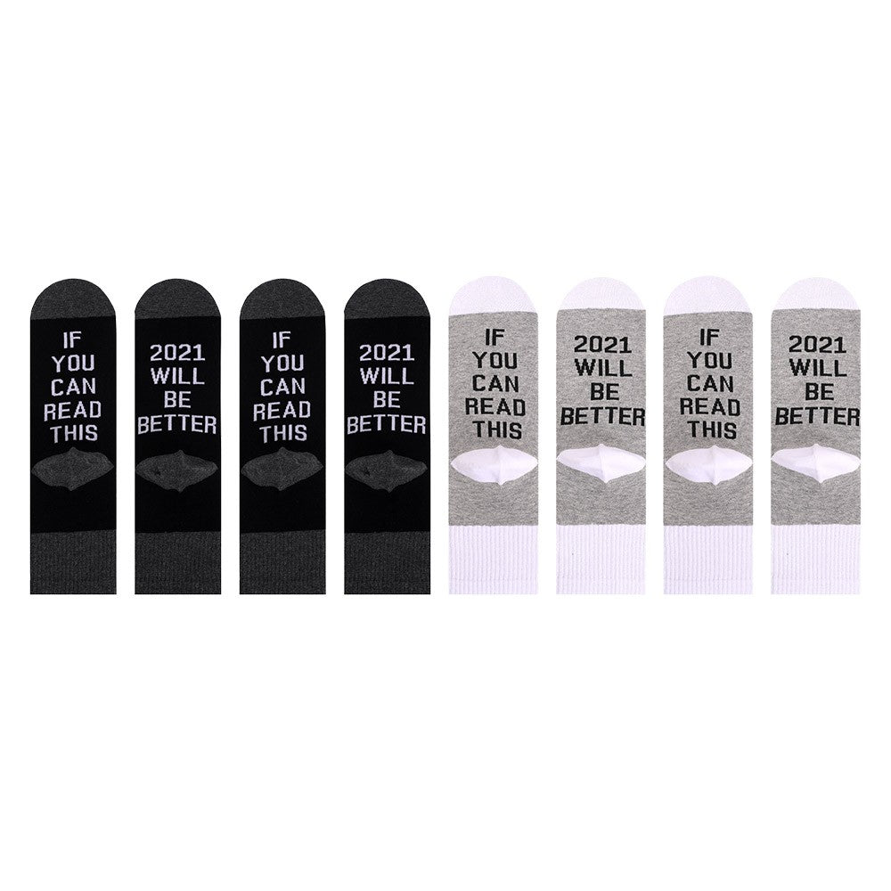 4 Pairs of Unisex GOOD LUCK ON THE WAY 2021 Letter Printed Socks Black and Grey White and Grey