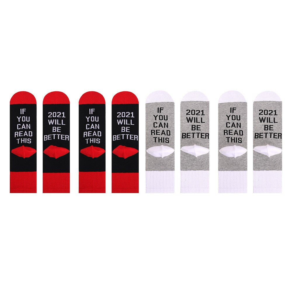 4 Pairs of Unisex GOOD LUCK ON THE WAY 2021 Letter Printed Socks Black and Red White and Grey