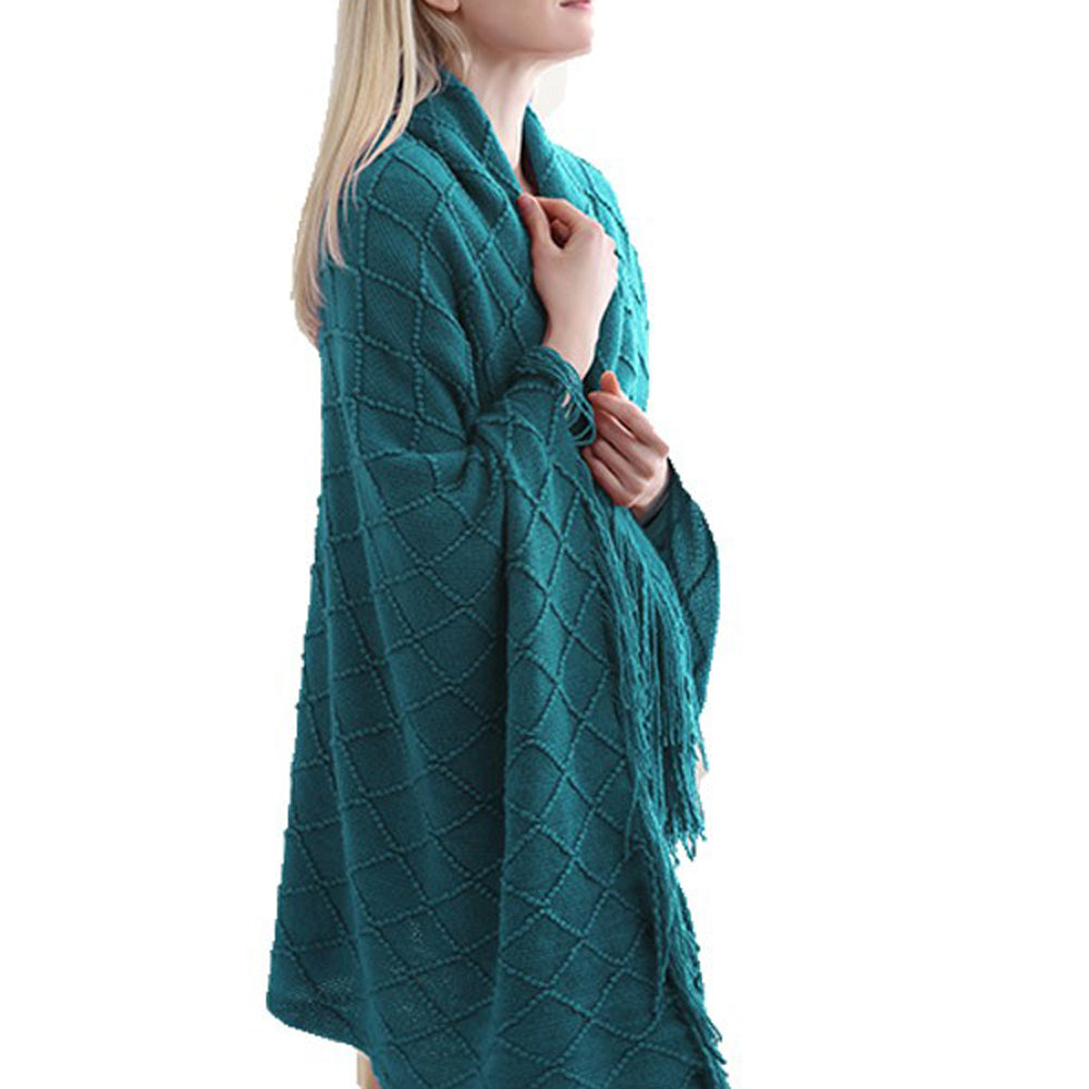 Knitted Winter Lounge Throw Blanket Tassel Shawl Couch Blanket Bed Blanket Blue