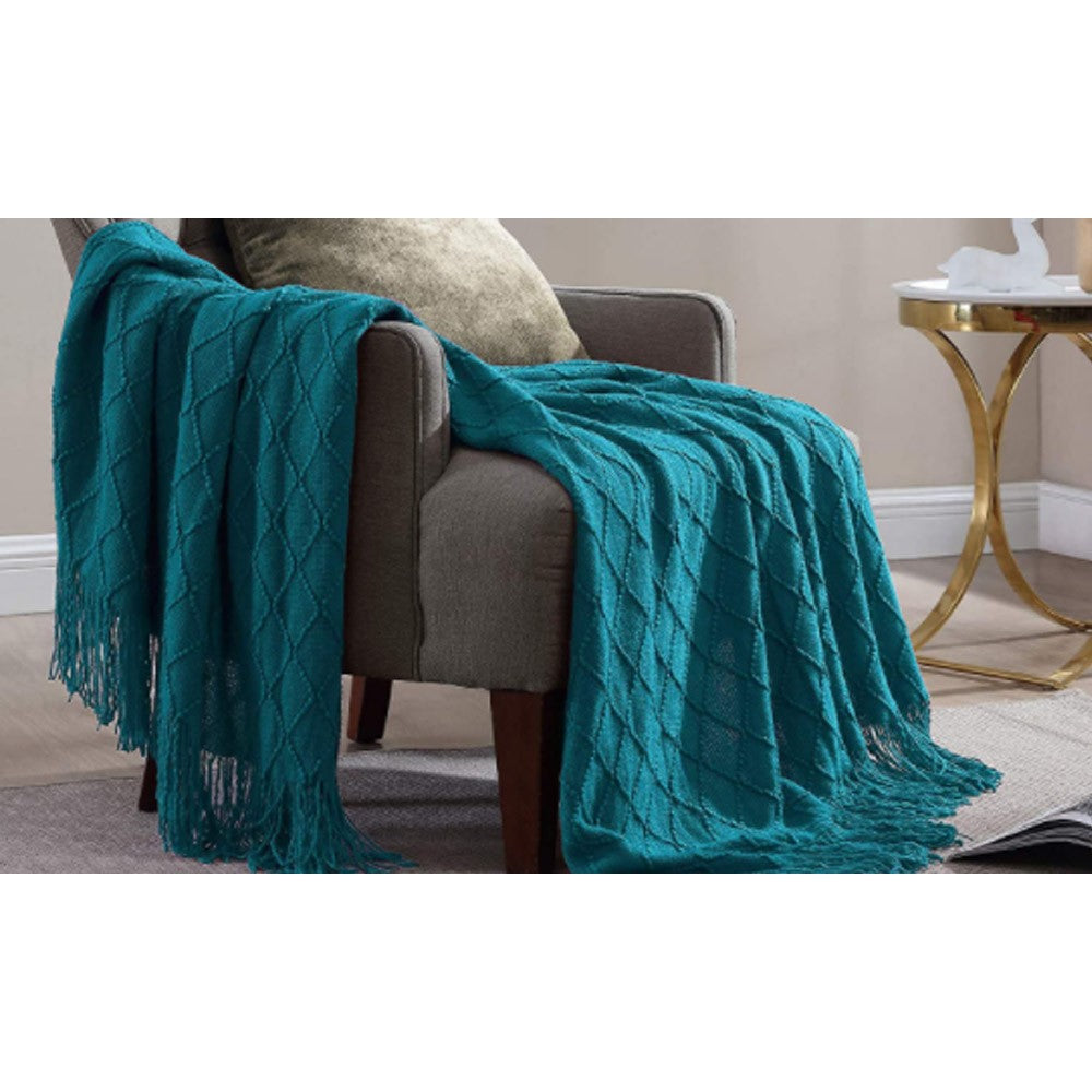 Knitted Winter Lounge Throw Blanket Tassel Shawl Couch Blanket Bed Blanket Blue
