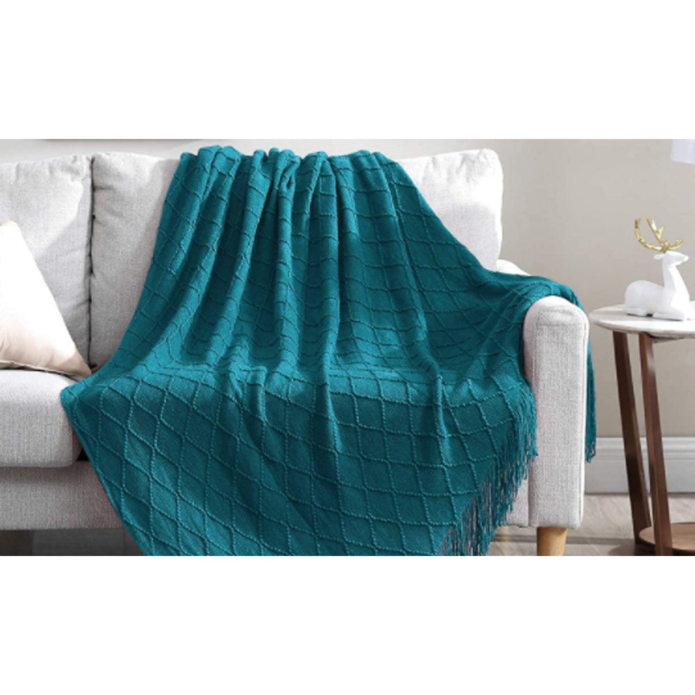 Knitted Winter Lounge Throw Blanket Tassel Shawl Couch Blanket Bed Blanket Blue