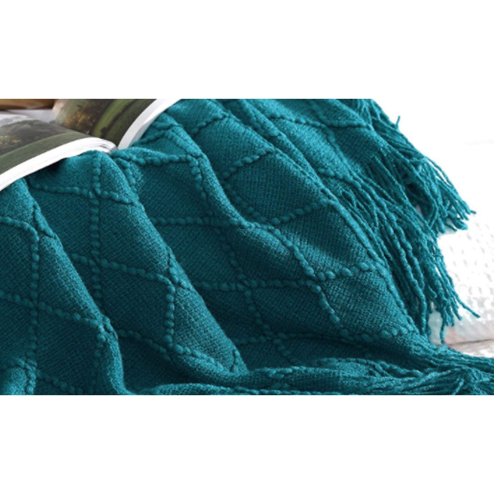 Knitted Winter Lounge Throw Blanket Tassel Shawl Couch Blanket Bed Blanket Blue