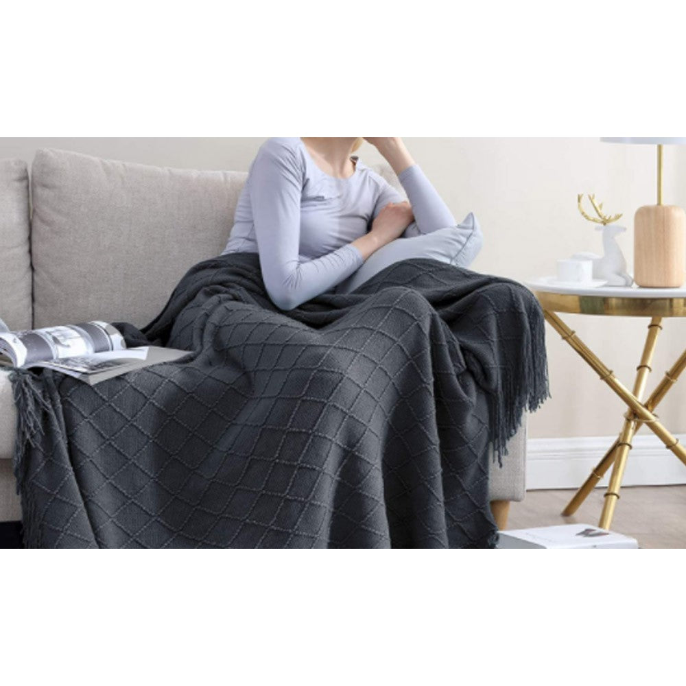 Knitted Winter Lounge Throw Blanket Tassel Shawl Couch Blanket Bed Blanket Grey