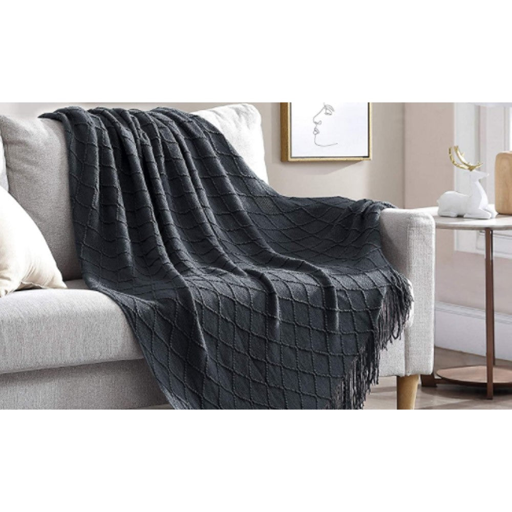 Knitted Winter Lounge Throw Blanket Tassel Shawl Couch Blanket Bed Blanket Grey