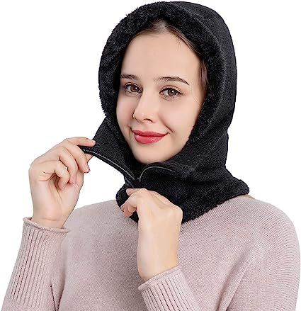 2 In 1 Winter Fleece Lined Hat Zip up Neck Warmer Black