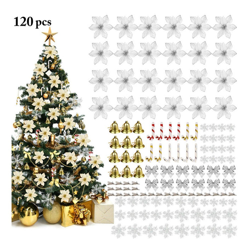 Silver 120pcs Artificial Flower Set Christmas Tree Decorations