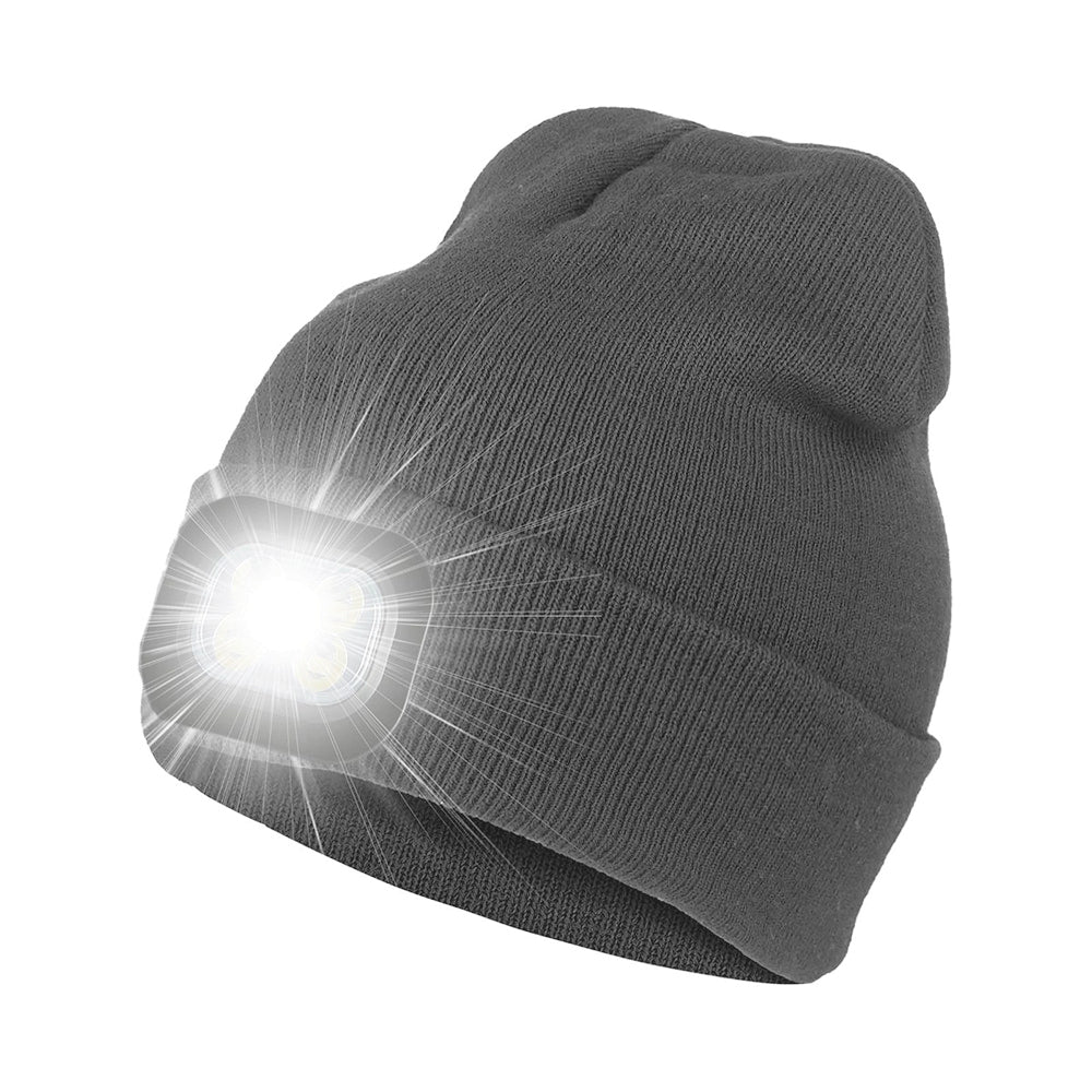 2 X USB Rechargeable Winter Warm Knitted Beanie Hat with LED Light Camping Hat Workwear Hat Light Grey Dark Grey