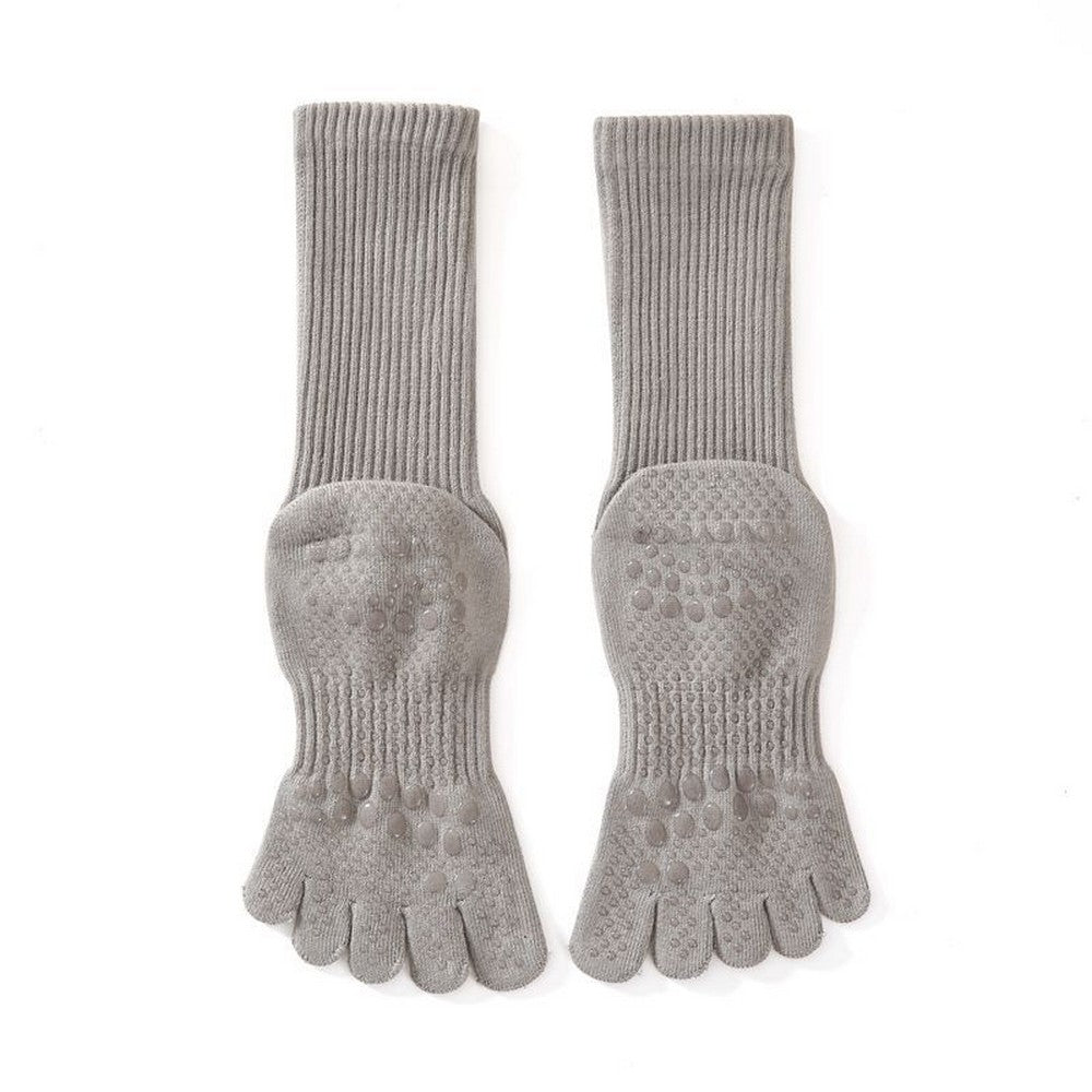 2 Pairs of Non Slip Long Yoga Socks Five Fingers Socks Anti-Skid Sports Socks Pilates Socks Soft Dance Floor Socks Black Grey
