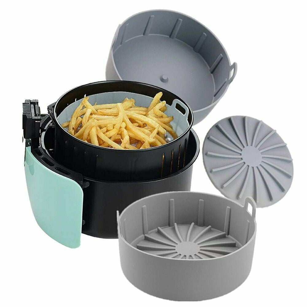 2 X Air Fryer Silicone Pot Air Fryers Oven Accessories Baking Tray Non-stick Reusable Pan Air Fryer Pot with Mat Small Grey
