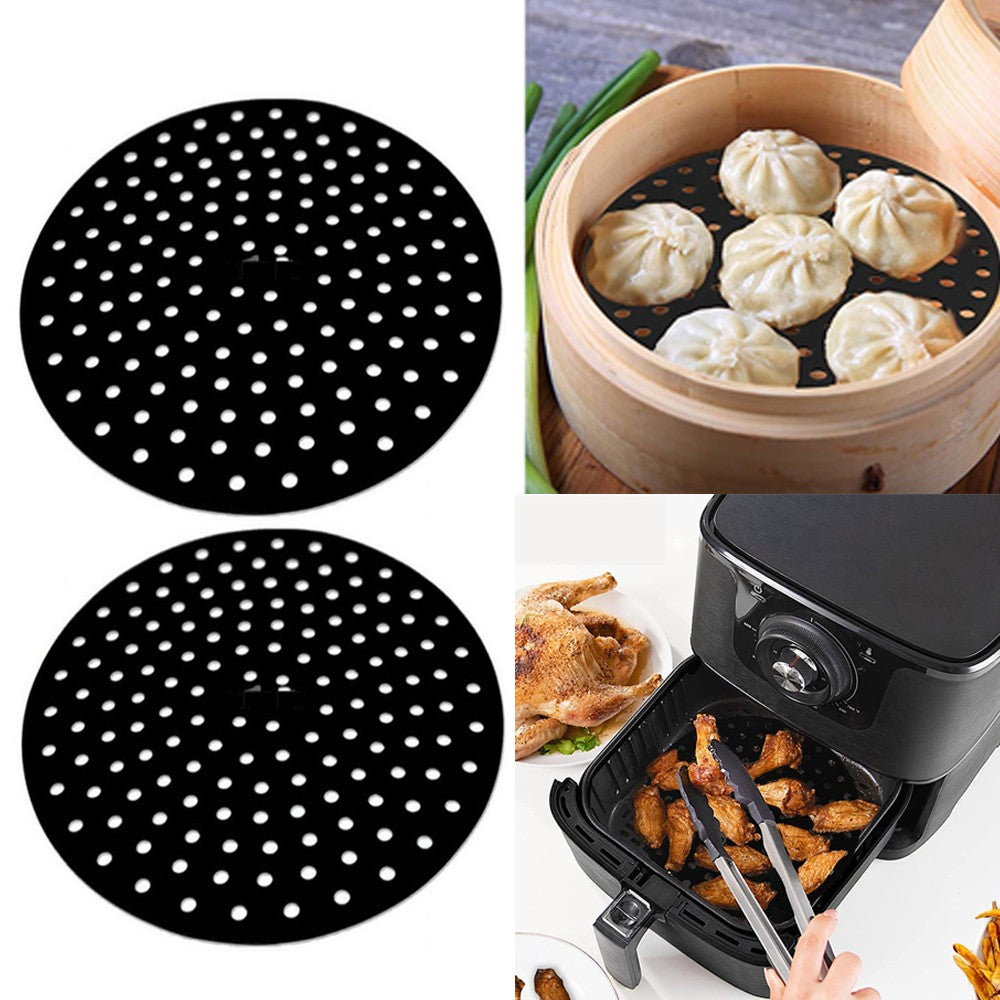 2 X Round Shaped Air Fryer Liners Reusable Baking Pads Air Fryer Mats Steaming Basket Mats Non-Stick Liners for Air Fryers Black Large