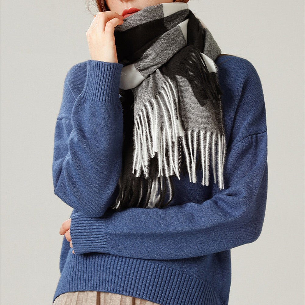 Women Winter Warm Lattice Scarf Tassel Scarf Soft Shawl Multi-purpose Large Scarf Neck Warmer Black