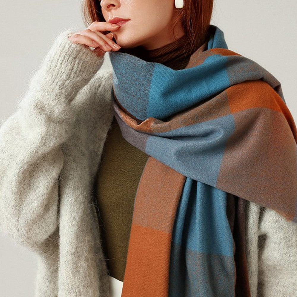 Women Winter Warm Lattice Scarf Tassel Scarf Soft Shawl Multi-purpose Large Scarf Neck Warmer Dark Blue