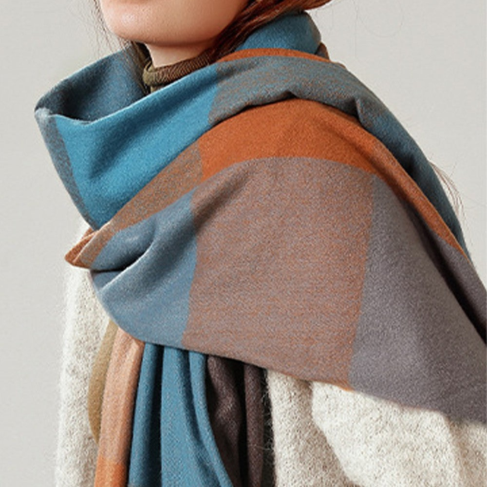 Women Winter Warm Lattice Scarf Tassel Scarf Soft Shawl Multi-purpose Large Scarf Neck Warmer Dark Blue