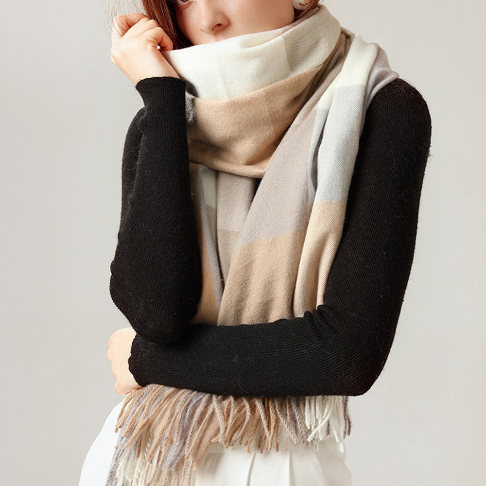 Women Winter Warm Lattice Scarf Tassel Scarf Soft Shawl Multi-purpose Large Scarf Neck Warmer Khaki