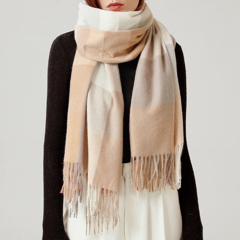 Women Winter Warm Lattice Scarf Tassel Scarf Soft Shawl Multi-purpose Large Scarf Neck Warmer Khaki