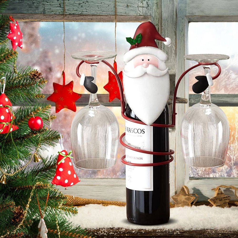 Christmas Wine Bottle and Glass Holder Storage Drying Stand Santa Claus Style