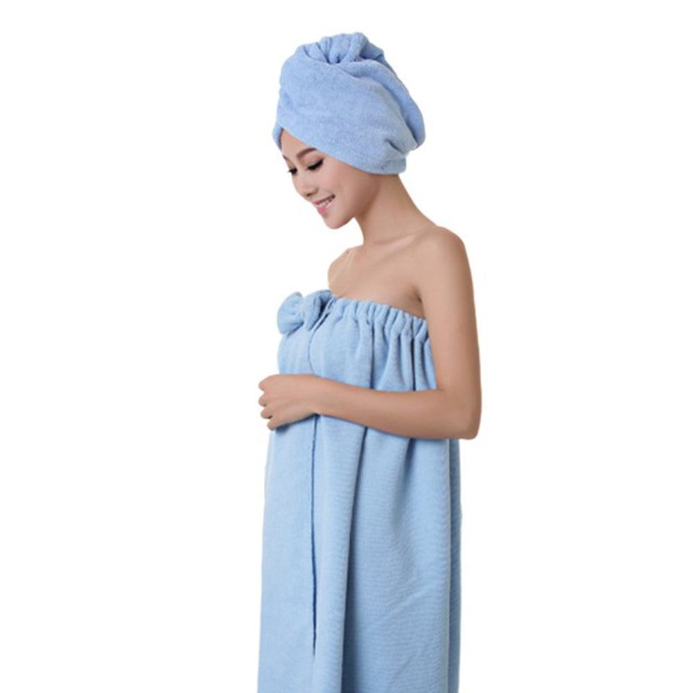 Women Bath Wrap for Shower with Hair Wrap Warm Loungewear Spa Wrap White and Blue