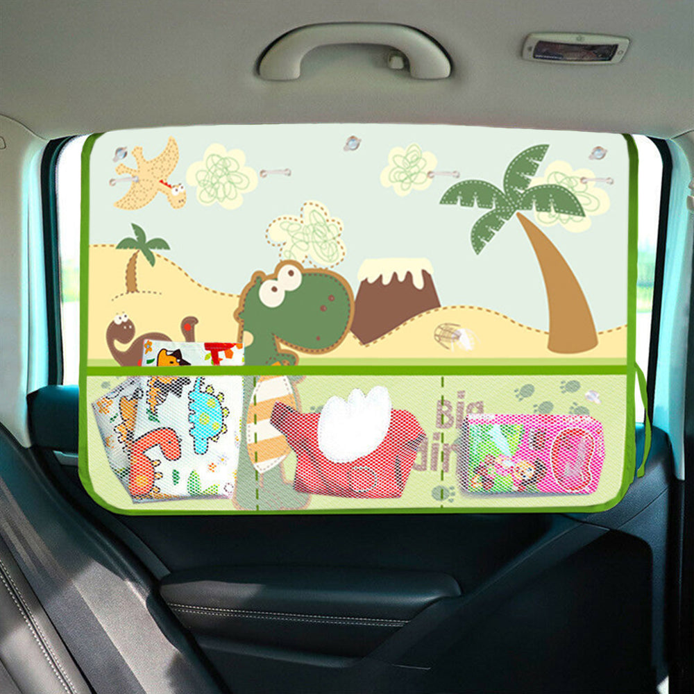 1X Car Sunshade with Mesh Pocket Green Dinosaur Print