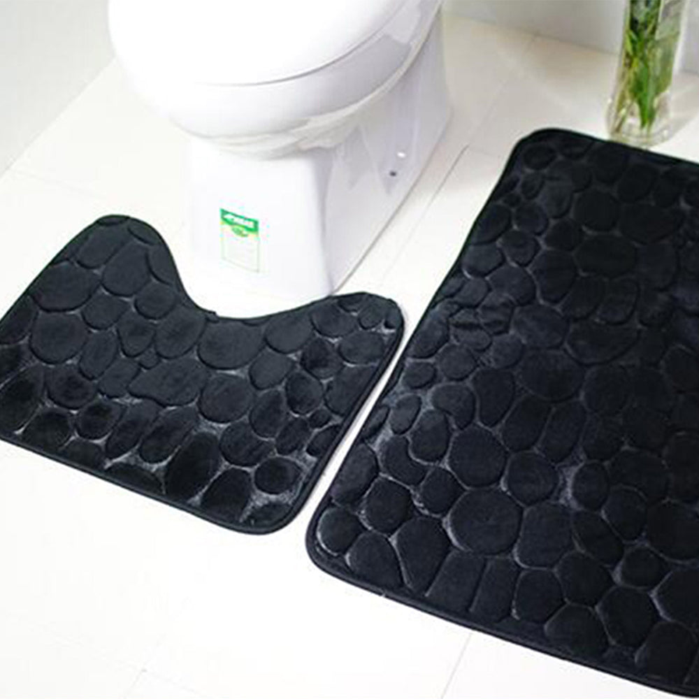 2 Pieces Pebbles Design Bath Mat Set Bathroom Rug Carpet Kit Black