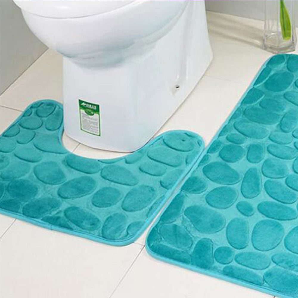 2 Pieces Pebbles Design Bath Mat Set Bathroom Rug Carpet Kit Green