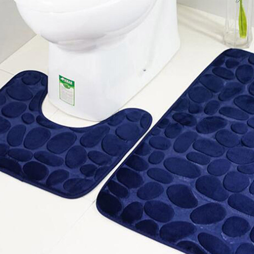 2 Pieces Pebbles Design Bath Mat Set Bathroom Rug Carpet Kit Navy Blue