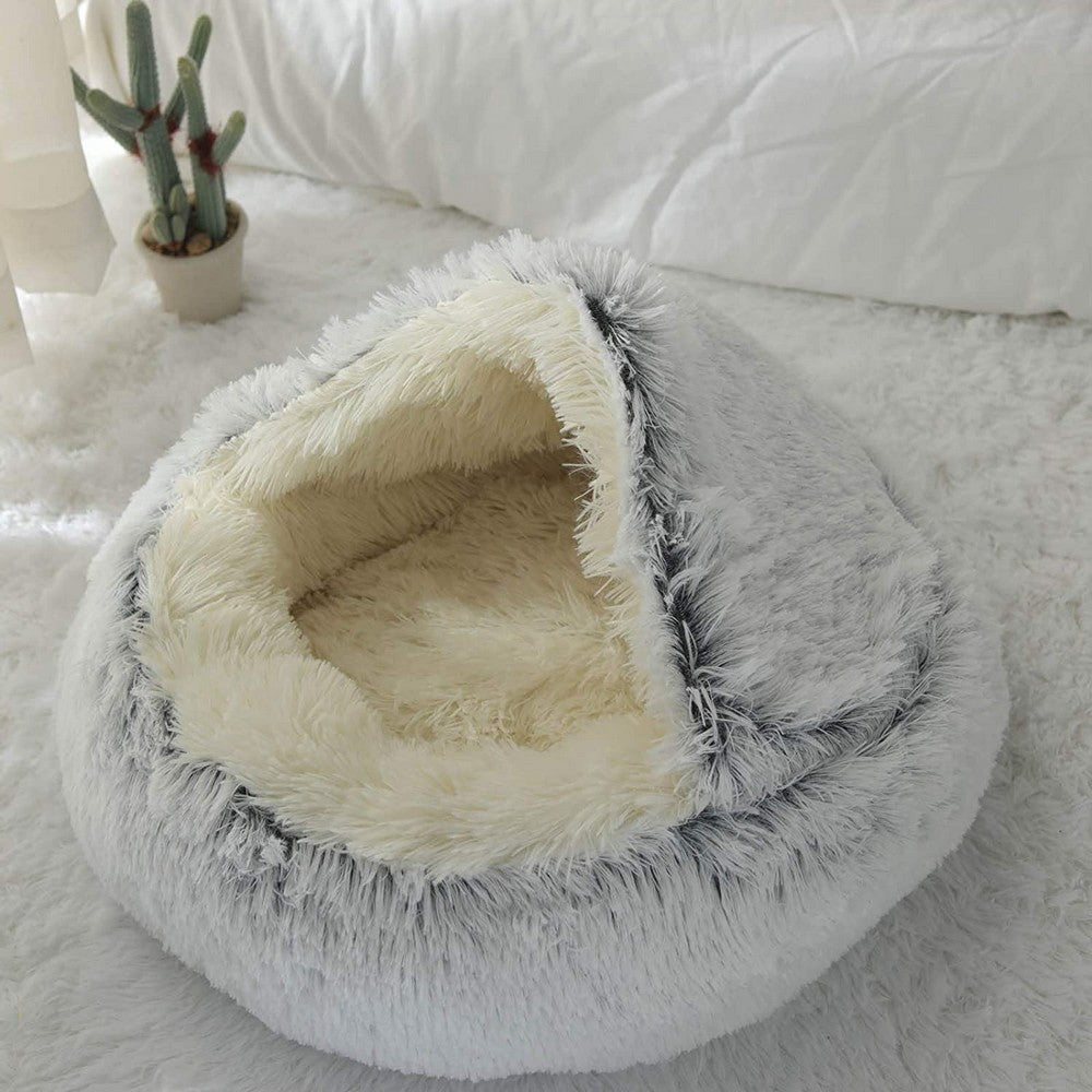 Small Pet Dog Cat Calming Bed Plush Cushioned Hooded Pet Bed Warm Soft Plush Round Nest Sleeping Kennel Cave Grey