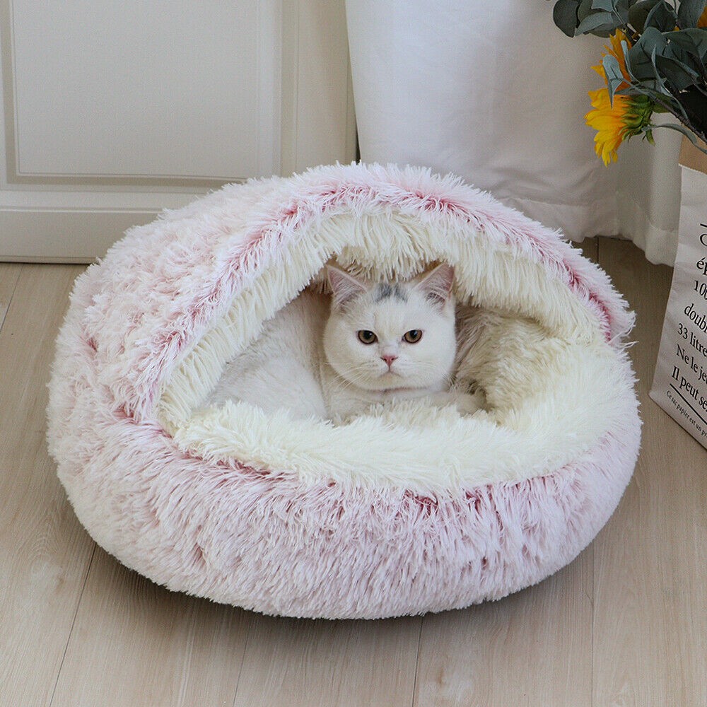 Large Pet Dog Cat Calming Bed Plush Cushioned Hooded Pet Bed Warm Soft Plush Round Nest Sleeping Kennel Cave Pink