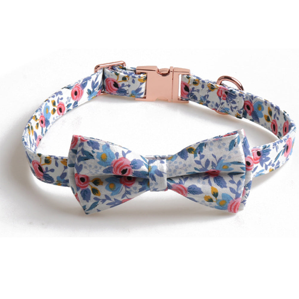 2 X Blue Grey L Floral Print Pet Collar Pet Bow Tie Dog Collar