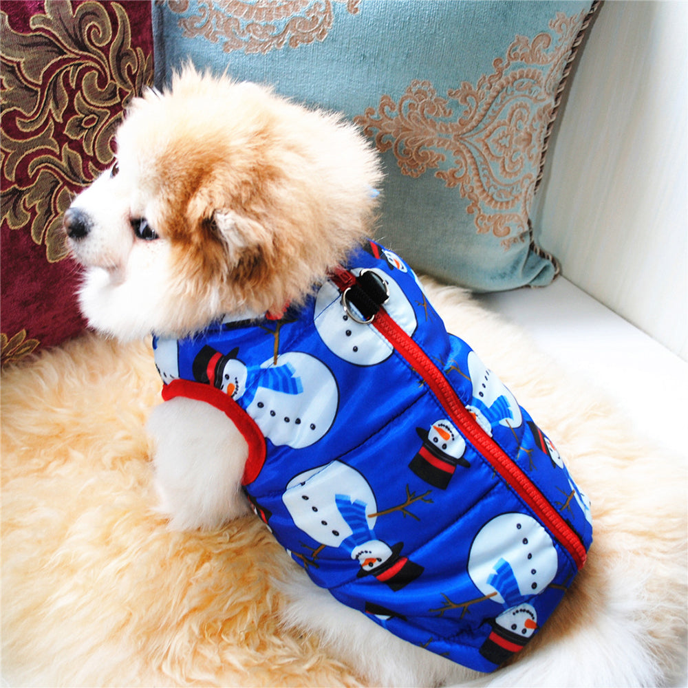 Christmas Snowman Print Warm Pet Dog Jacket with Leash Anchor Large
