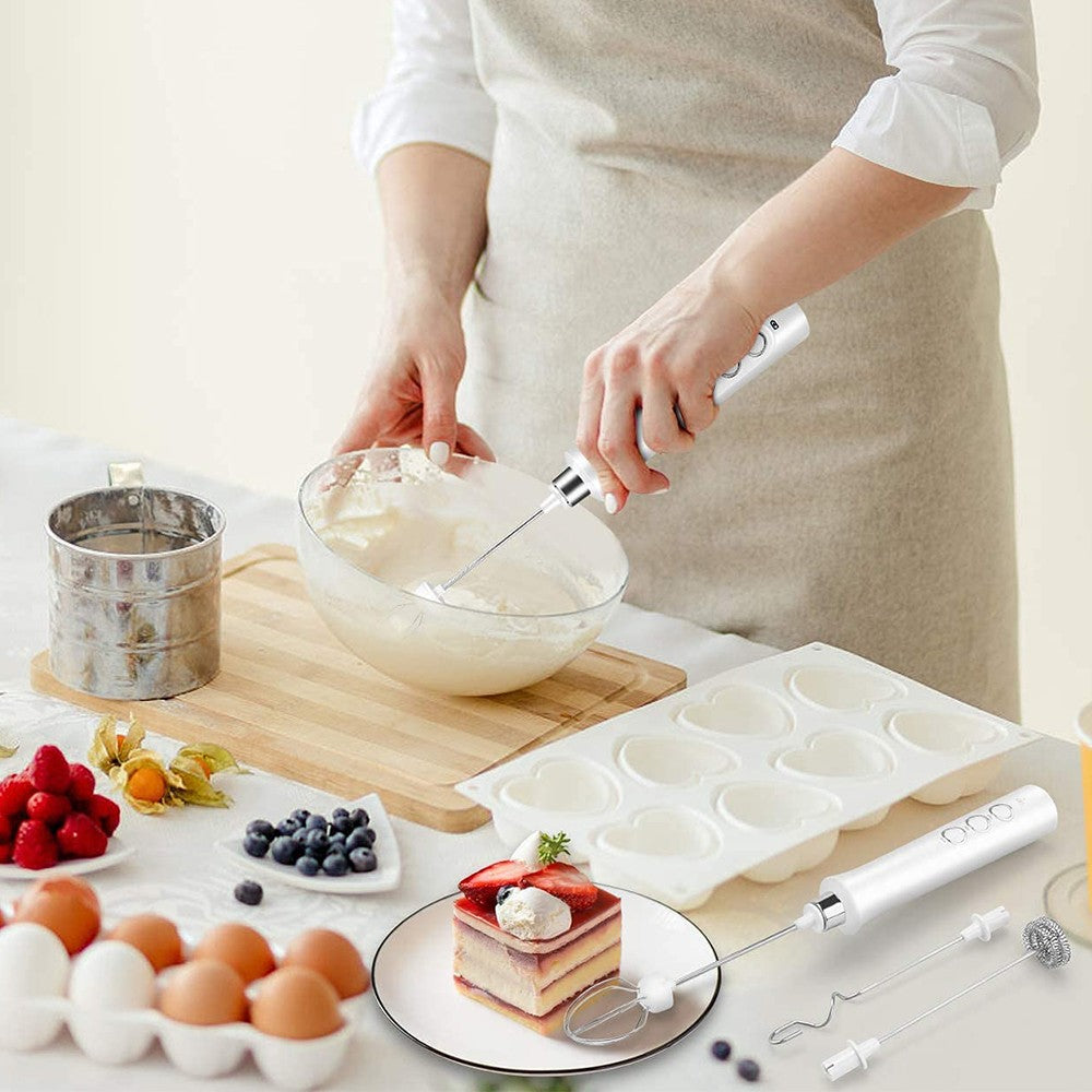 Handheld Electric Milk Frother Drink Coffee Mixer Foam Maker with 3 Whisks White