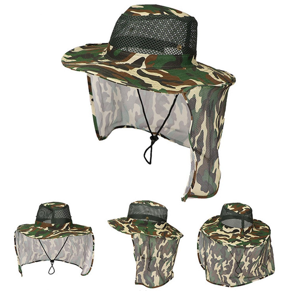 1Pc Camouflage Sun Shade Hat Wide Brim Fishing Cap with Neck Flap Dark Green