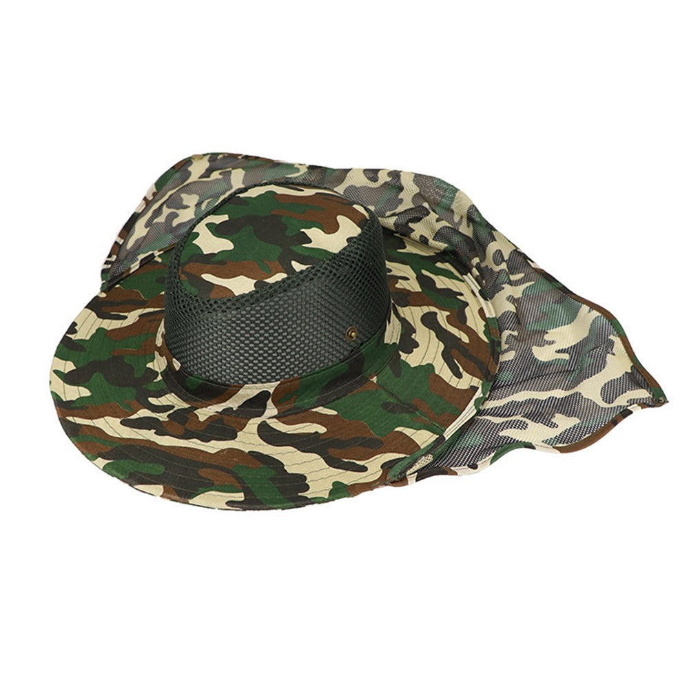 1Pc Camouflage Sun Shade Hat Wide Brim Fishing Cap with Neck Flap Dark Green