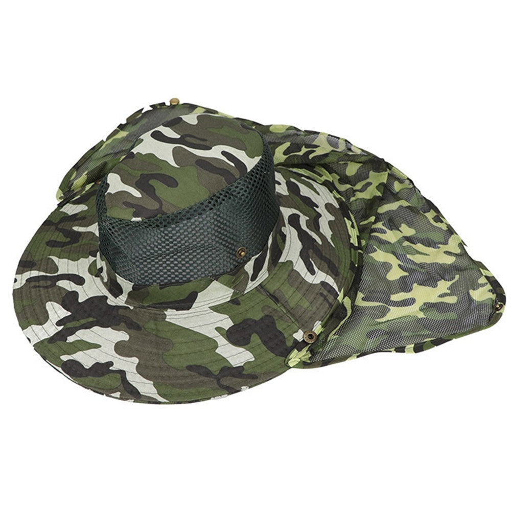 1Pc Camouflage Sun Shade Hat Wide Brim Fishing Cap with Neck Flap Grass Green