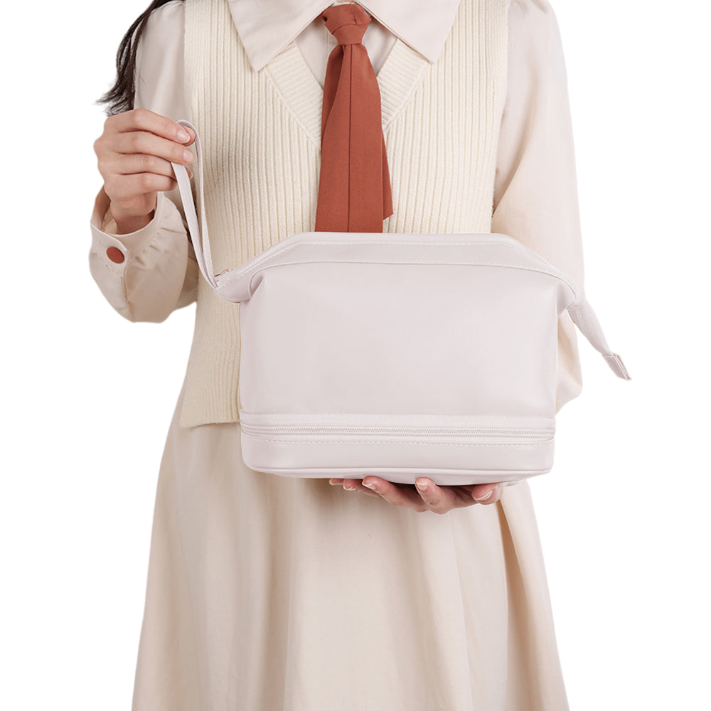 Double Layers Makeup Bag Travel Toiletry Bag Cosmetic Organizer White
