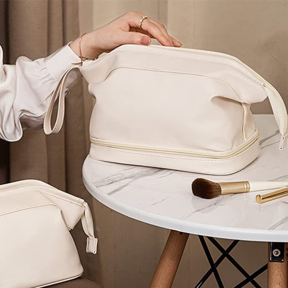 2 X Double Layers Makeup Bag Travel Toiletry Bag Cosmetic Organizer White Yellow