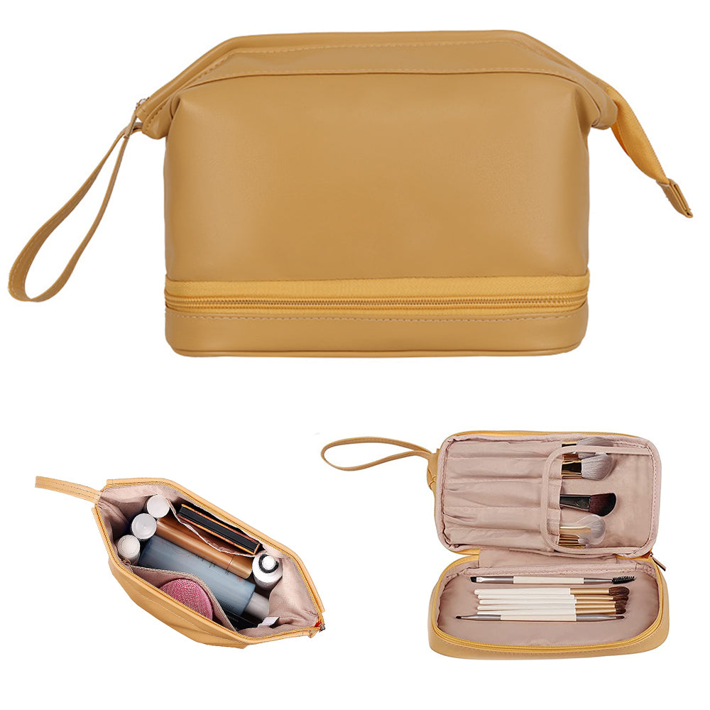 Double Layers Makeup Bag Travel Toiletry Bag Cosmetic Organizer Yellow