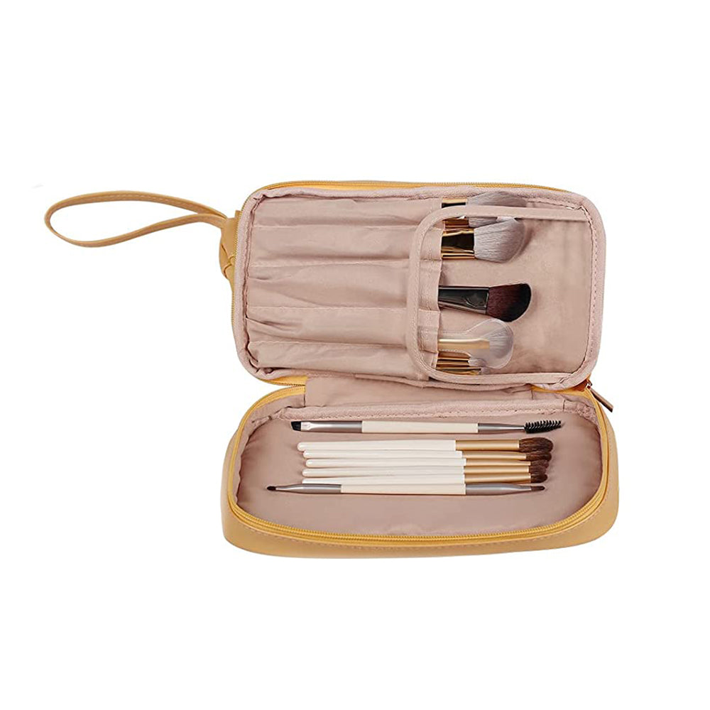 Double Layers Makeup Bag Travel Toiletry Bag Cosmetic Organizer Yellow