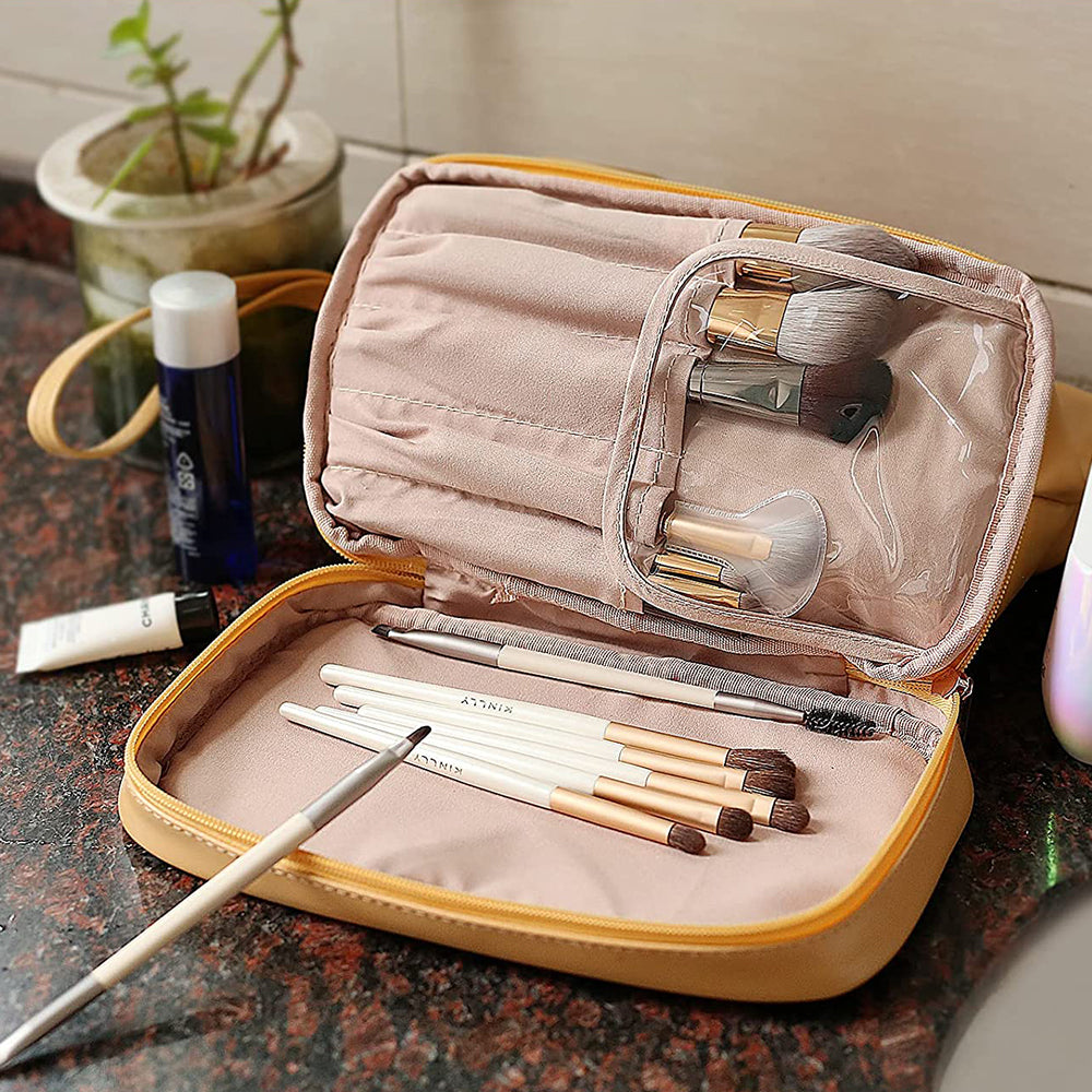 Double Layers Makeup Bag Travel Toiletry Bag Cosmetic Organizer Yellow