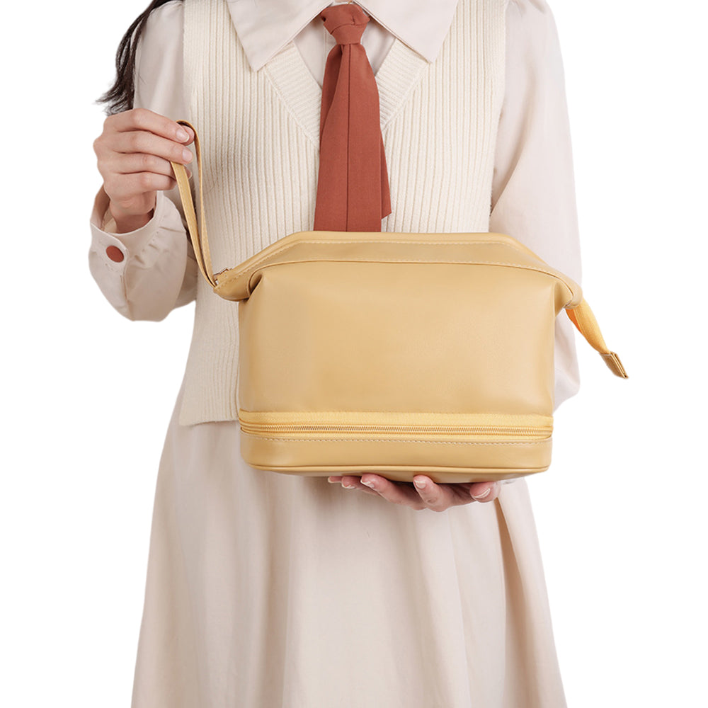Double Layers Makeup Bag Travel Toiletry Bag Cosmetic Organizer Yellow