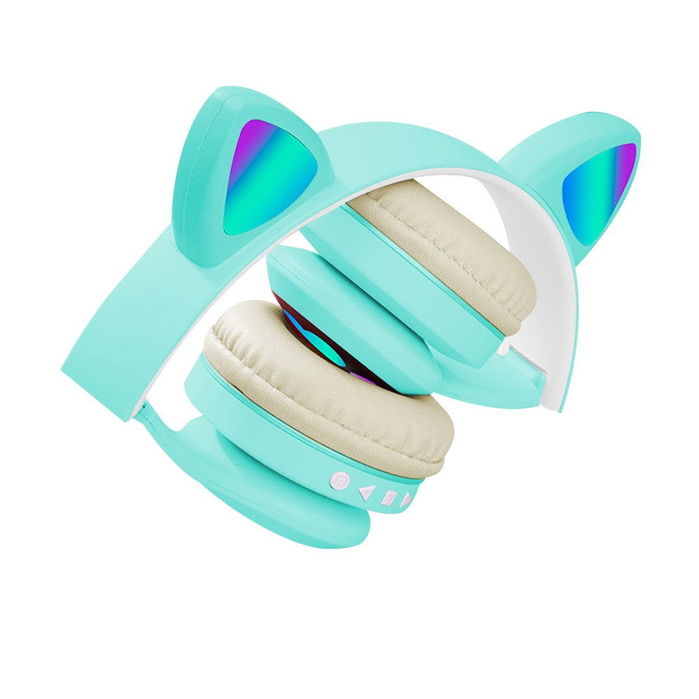 Bluetooth 5.0 Wireless Headphones Cute Cat Ears Shaped Headset with LED Light Green